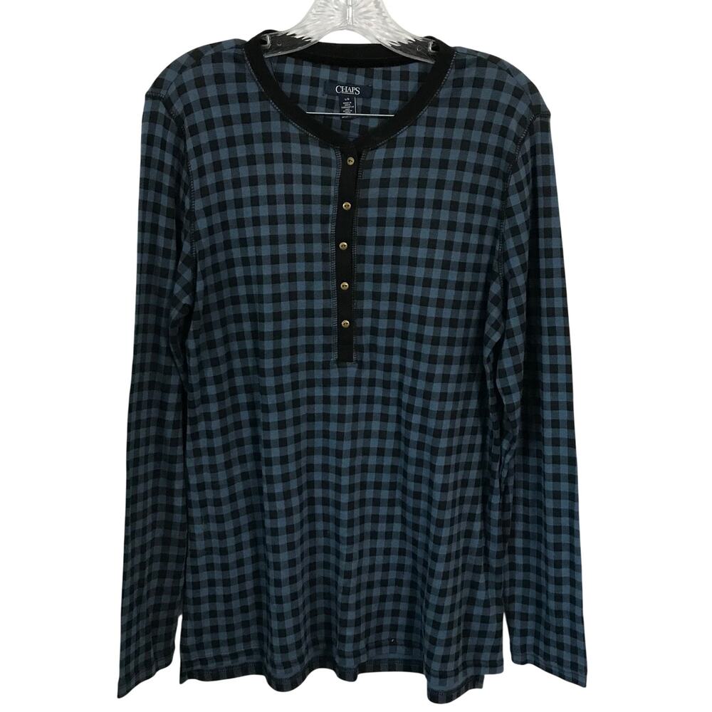 Chaps Top Large Womens Long Sleeve Blue and Black Checked Button Front L